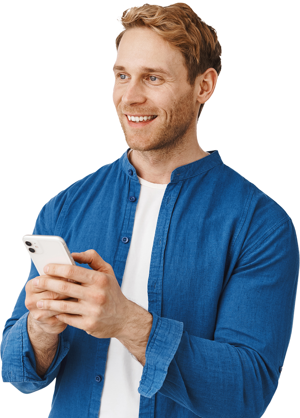 Man in a blue shirt using his phone