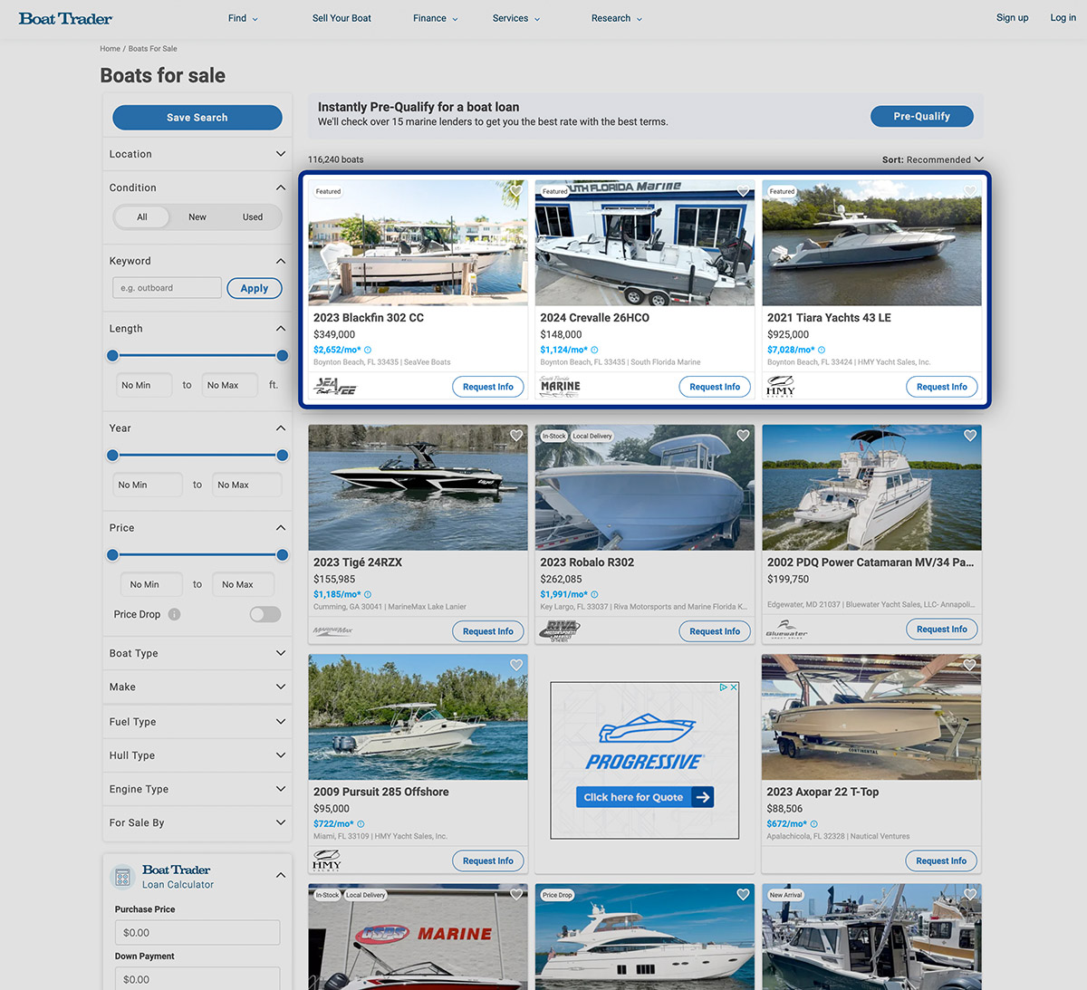Screenshot showing Featured Boats on Boat Trader