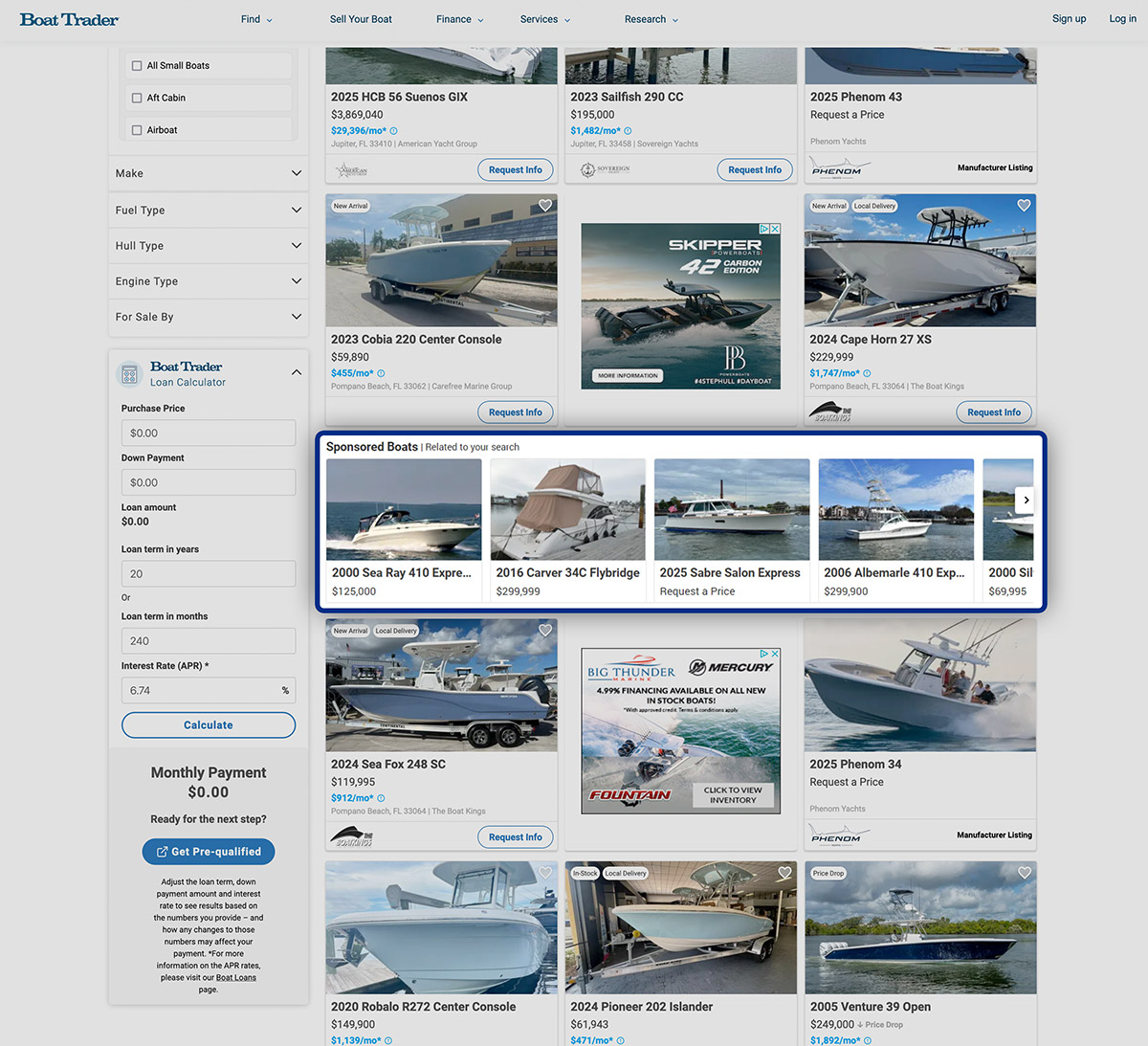 Screenshot showing Sponsored Boats on Boat Trader