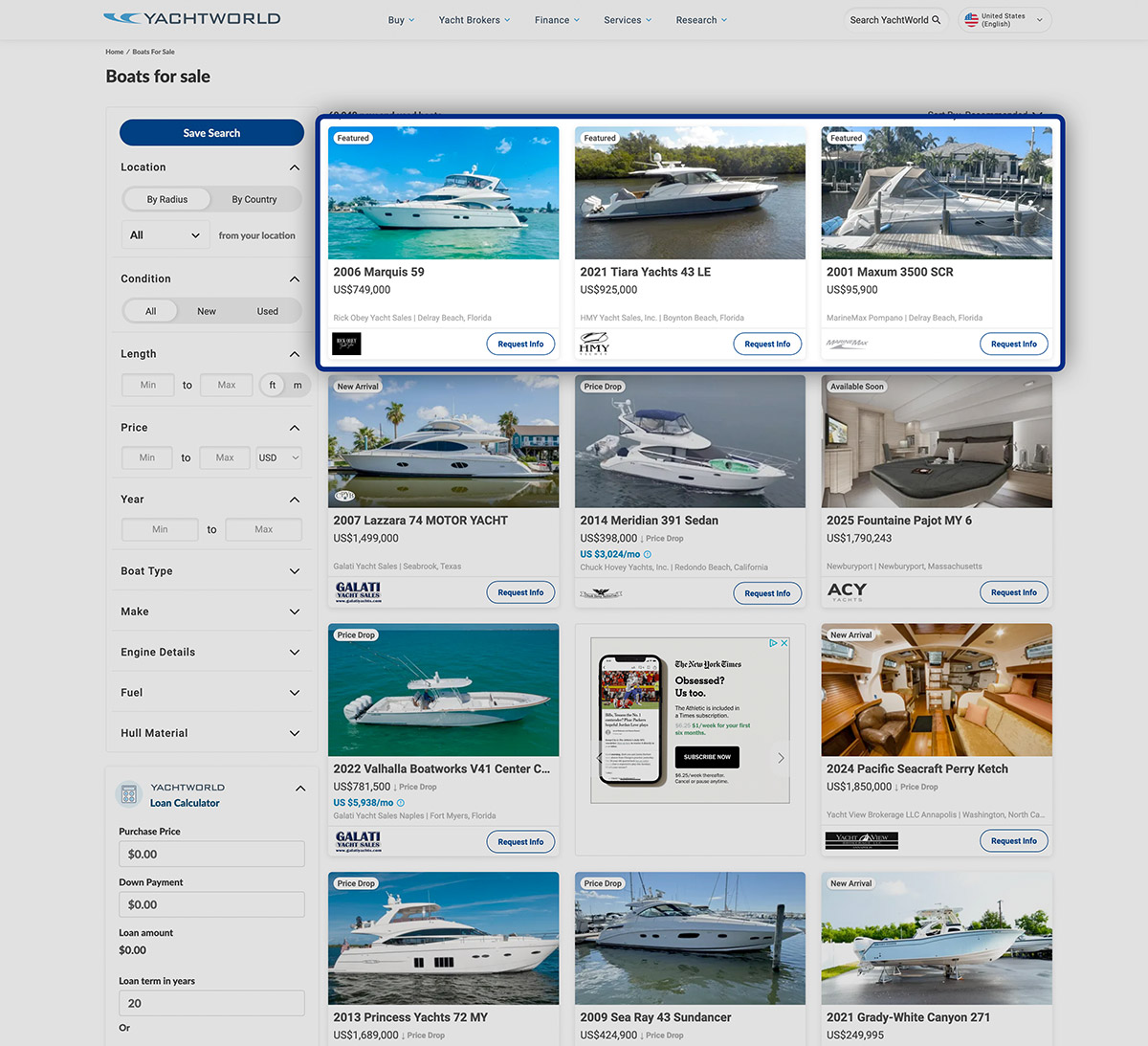 Screenshot showing Featured Boats on YachtWorld