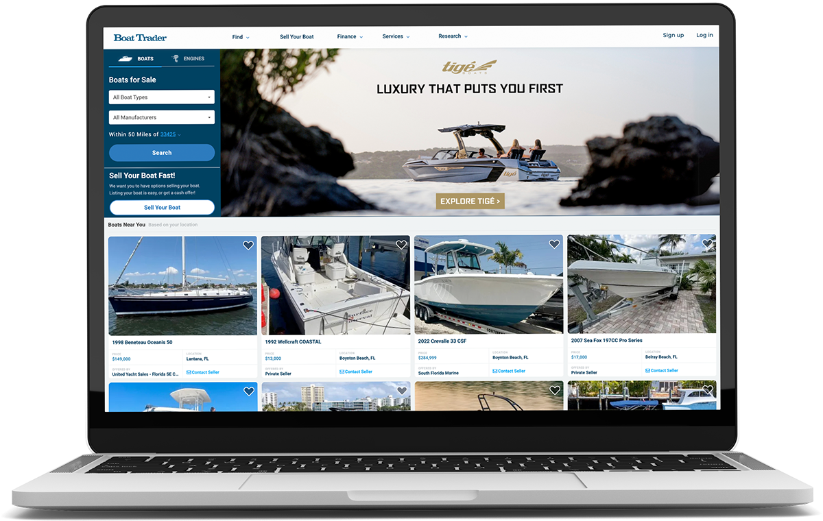 Screenshot of the Boat Trader homepage